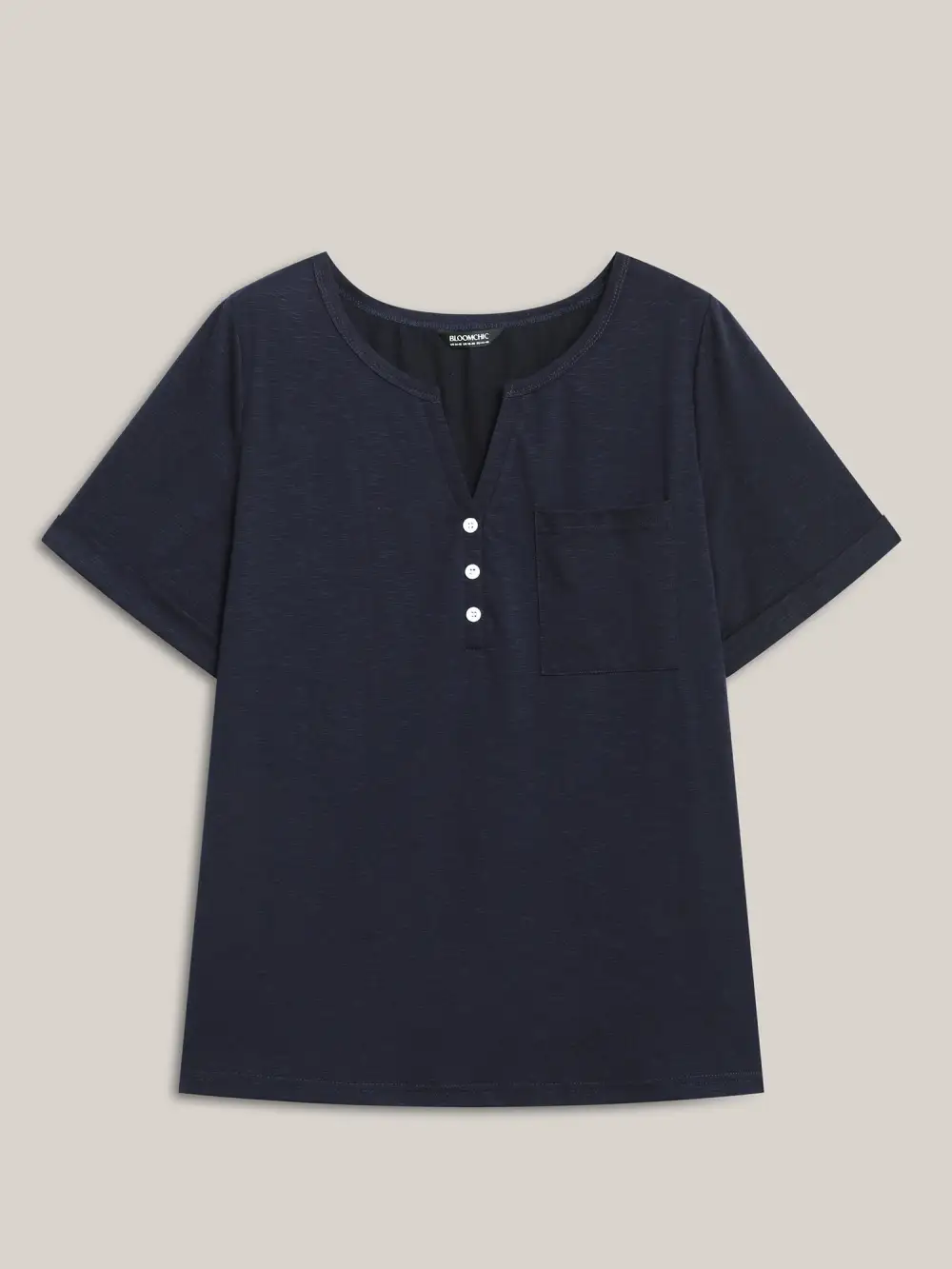 Solid Split Neck Button Detail T-Shirt