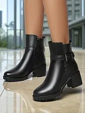 Women's Black Leather Ankle Boots - Warm Fur Lined Mid Heel Winter Booties with Side Zipper and Buckle for Cold Weather, Work & Outdoor Wear