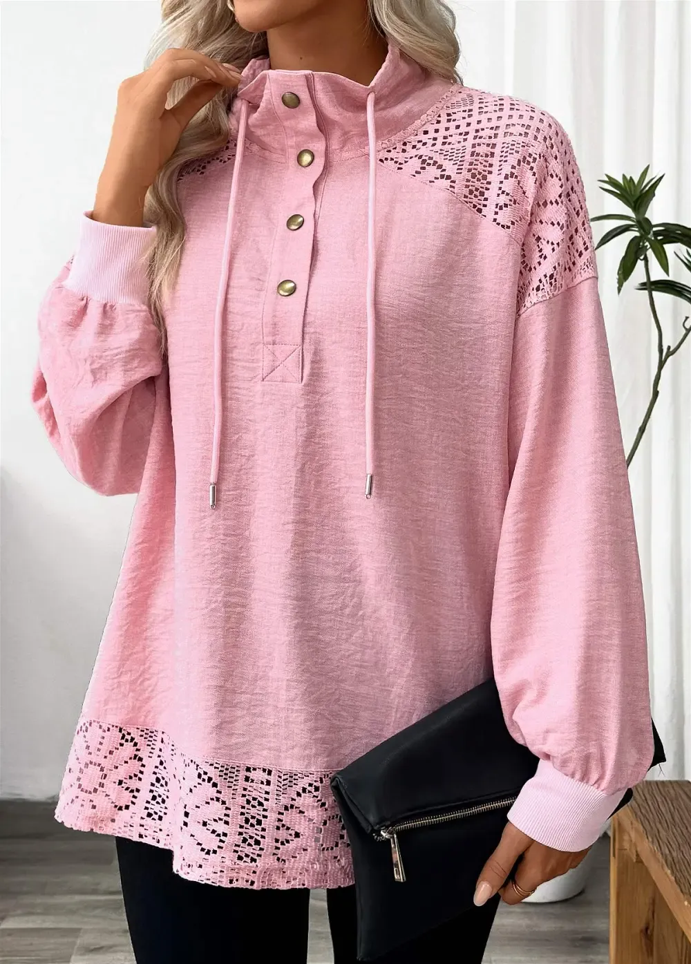Pink Tummy Coverage Long Sleeve Stand Collar Sweatshirt