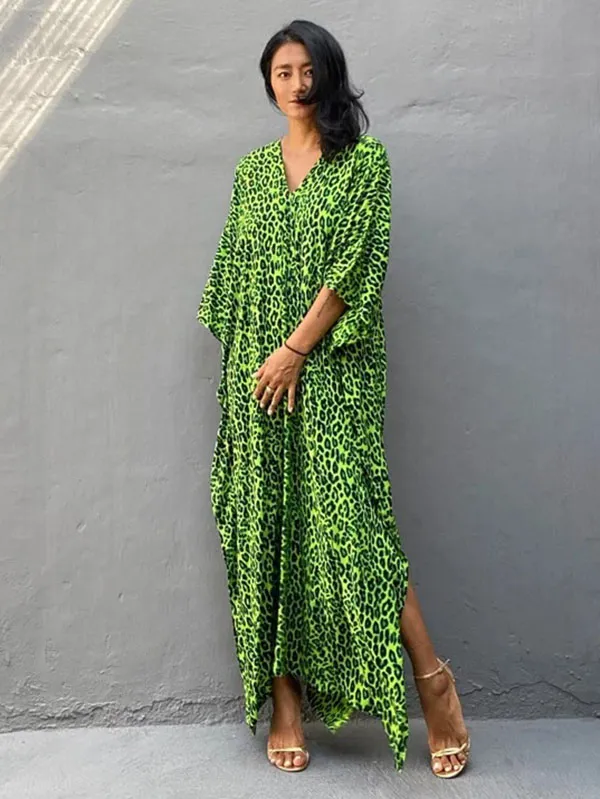 Green Leopard V-Neck Split-Side Batwing Sleeves Maxi Dress