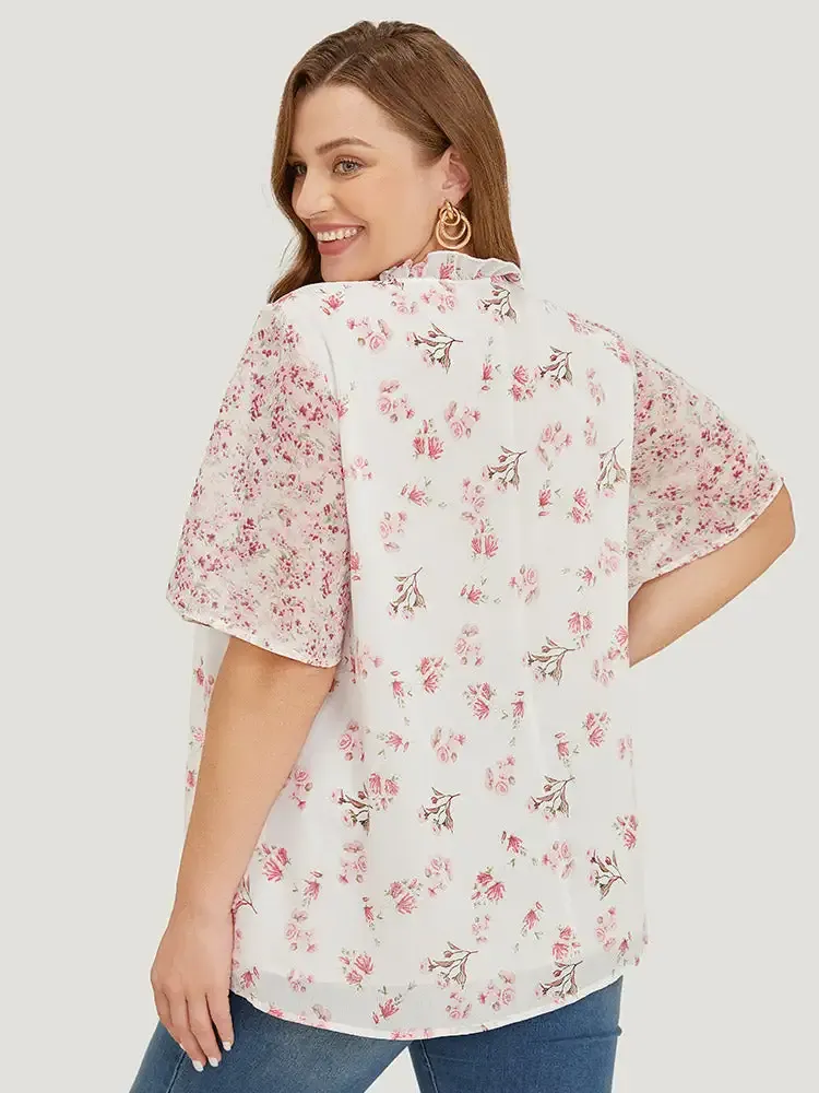 Ditsy Floral Patchwork Frill Trim Tie Neck Blouse
