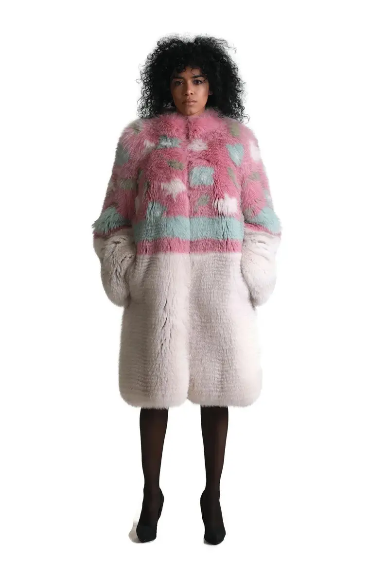 Multicolored Fur Knee Length Jacket