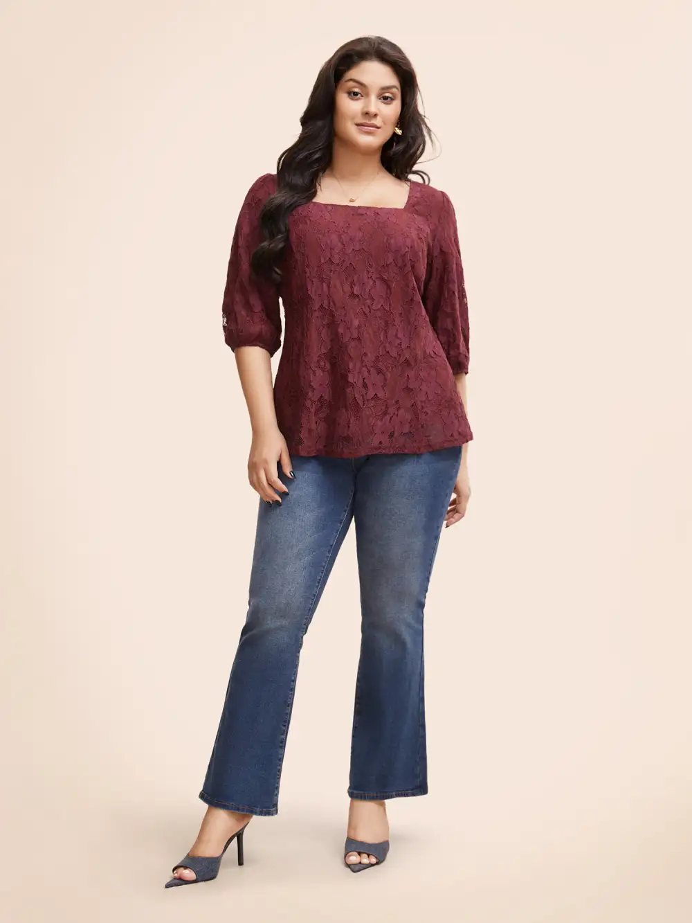 Square Neck Lace Panel Lantern Sleeve Blouse