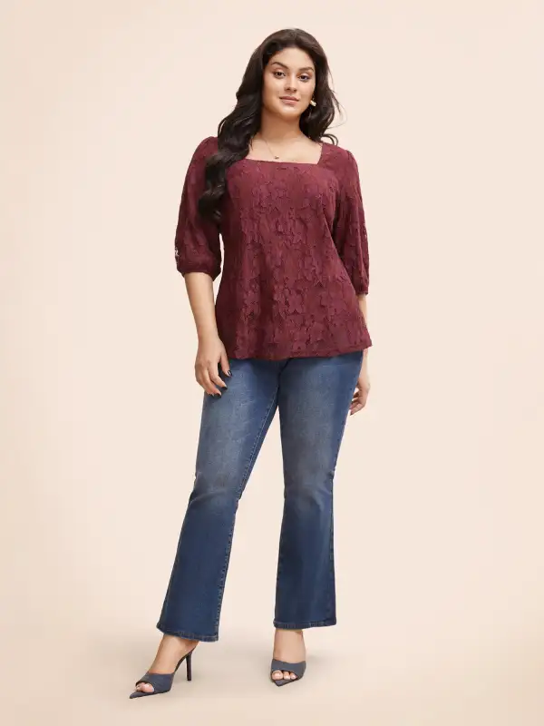 Square Neck Lace Panel Lantern Sleeve Blouse