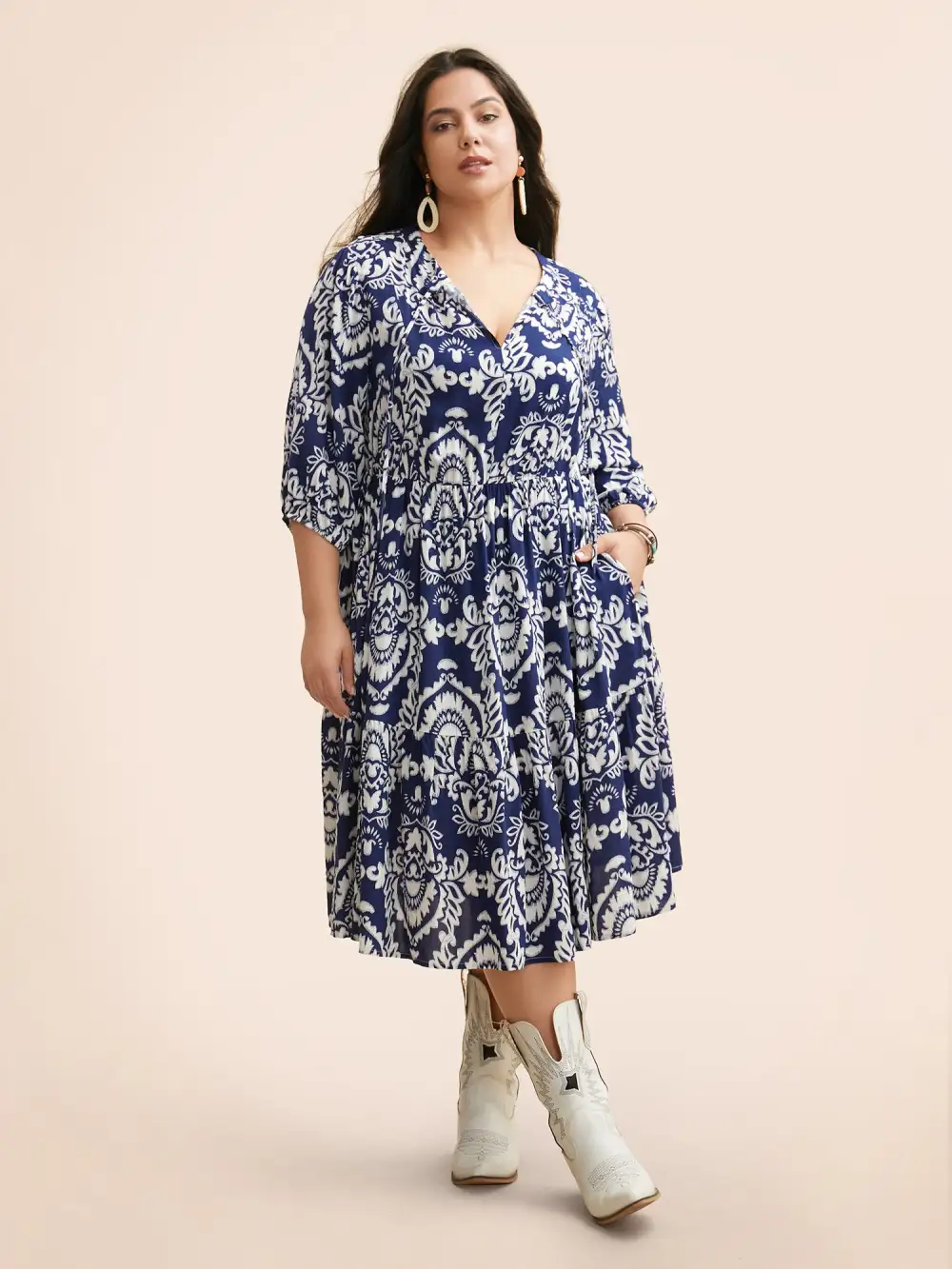 Damask Print Tie Knot Puff Sleeve Dress