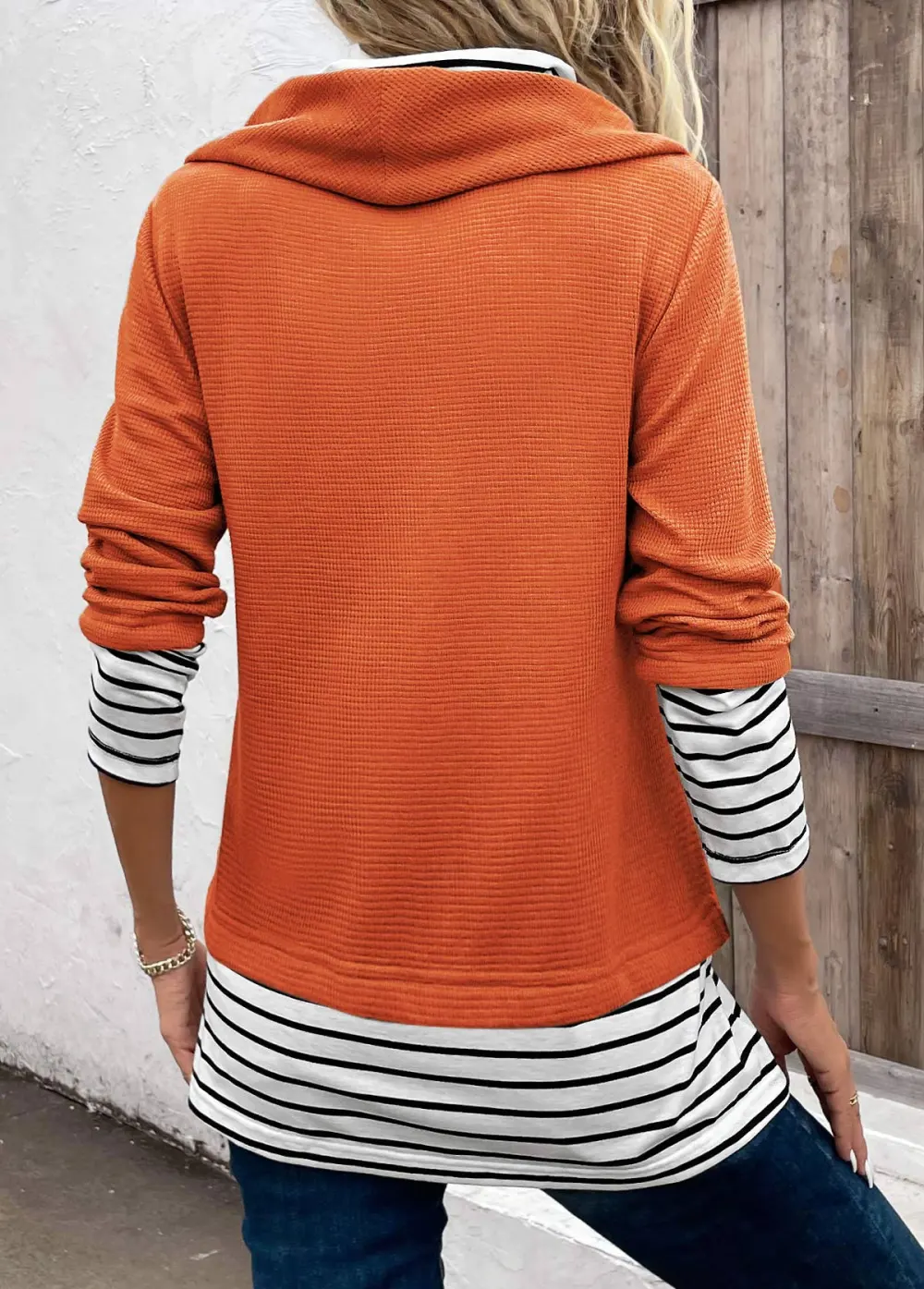 Orange Patchwork Striped Long Sleeve Cowl Neck Sweatshirt