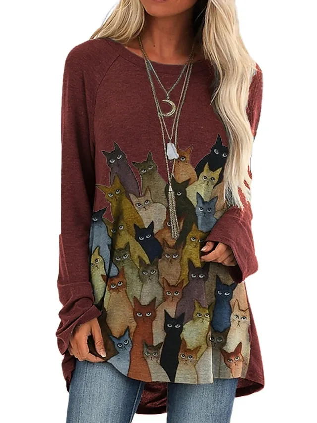 Women's T Shirt Dress Tee Dress Shift Dress Mini Dress Wine Blue Gray Long Sleeve Animal Print Spring Fall Crew Neck Basic Loose Fit 2023 S M L XL XXL 3XL