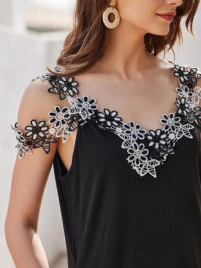 Women's Black Dress Modal A Line Midi Dress Lace Patchwork Strap Cold Shoulder Contrast Sleeveless Daily Vacation Summer Spring