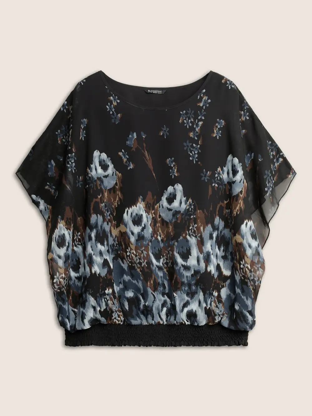 Pixel Flower Shirred Batwing Sleeve Blouse