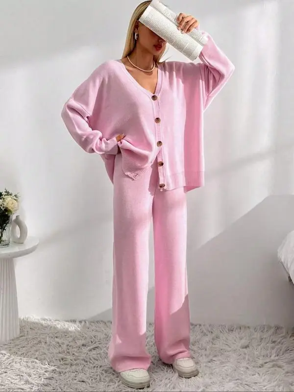 Women's V-Neck Button Cardigan & Wide-Leg Pants Set