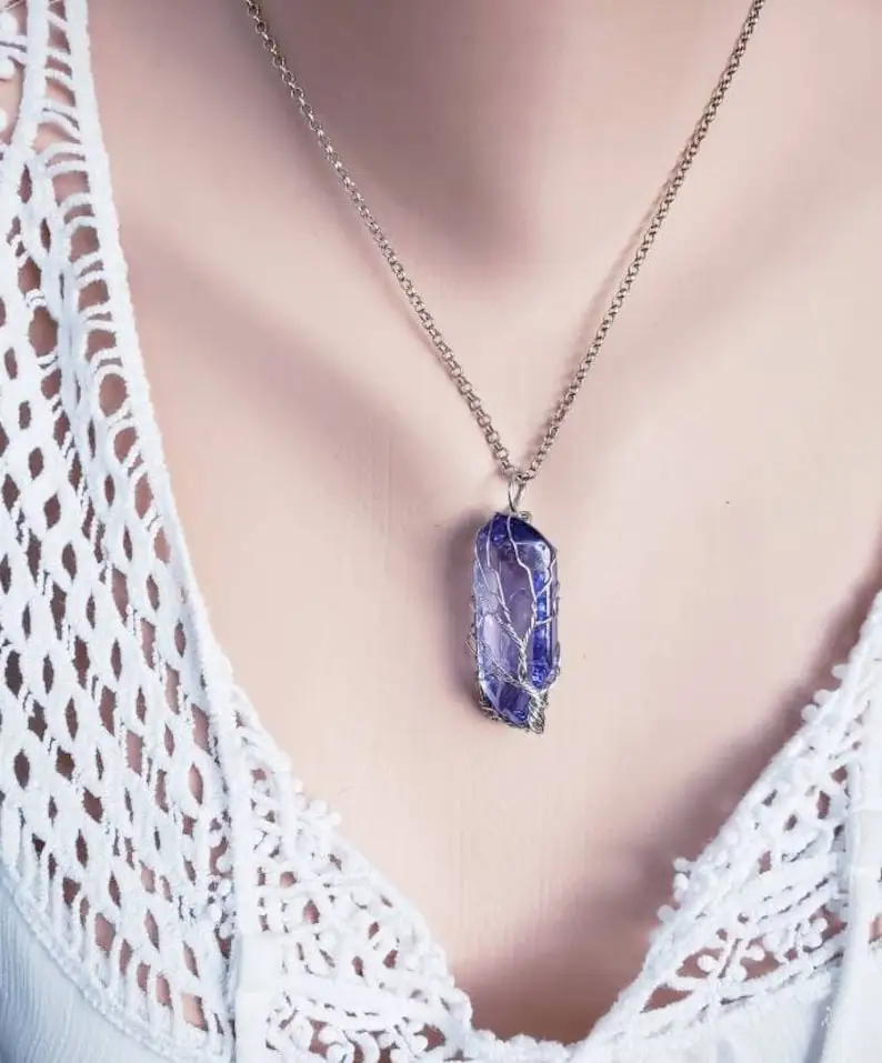 Titanium Wire Wrapped Blue Aura Quartz Crystal Tree of Life Pendant Necklace - Grounding Necklace - Self Confidence - Relaxation Crystal