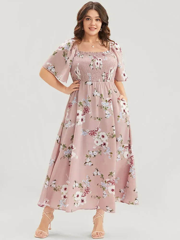 Floral Square Neck Ruffles Pocket Shirred Split Dress