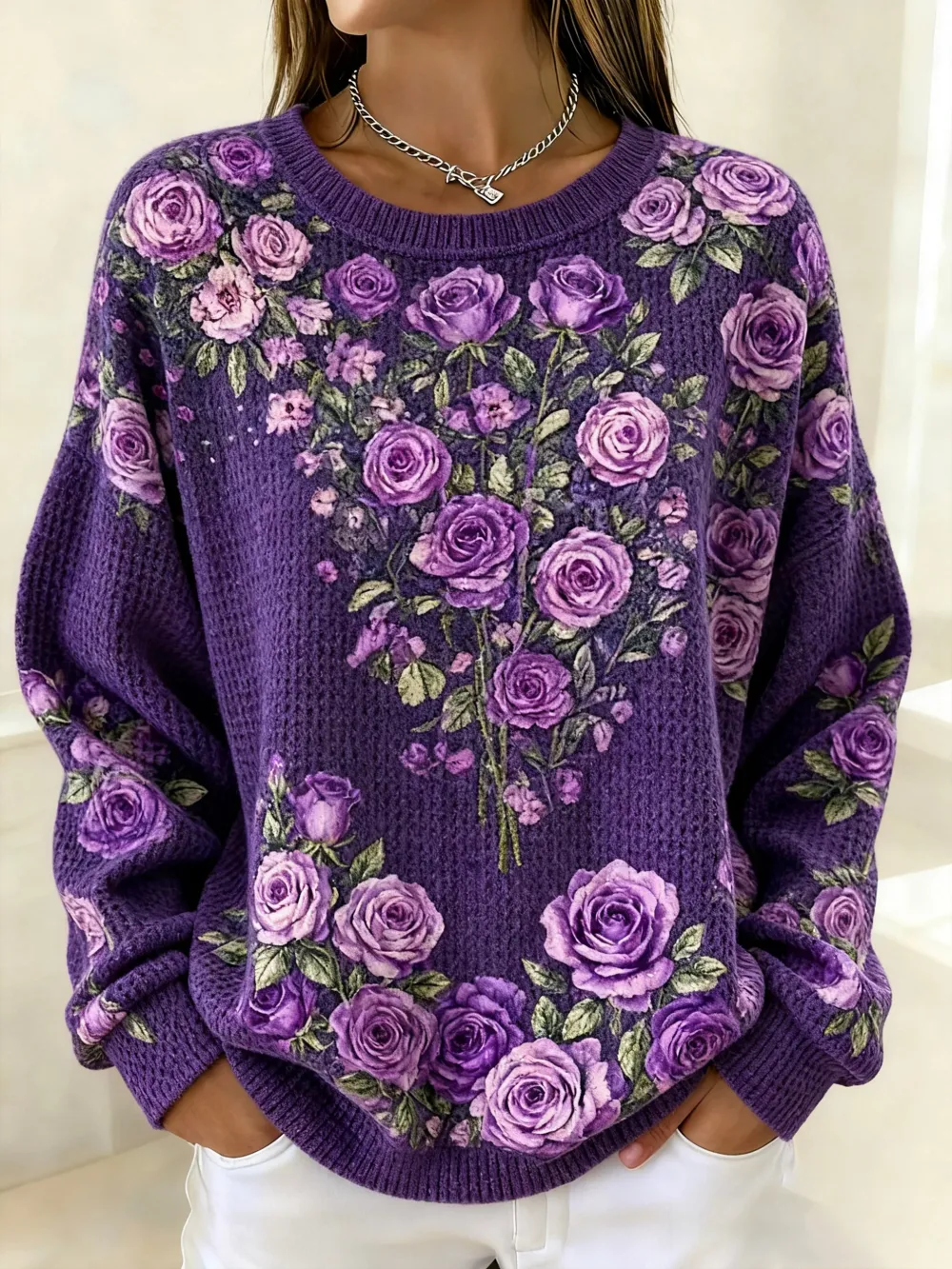 Women's Autumn Vintage Purple Floral Print Crew Neck Waffle Sweatshirt