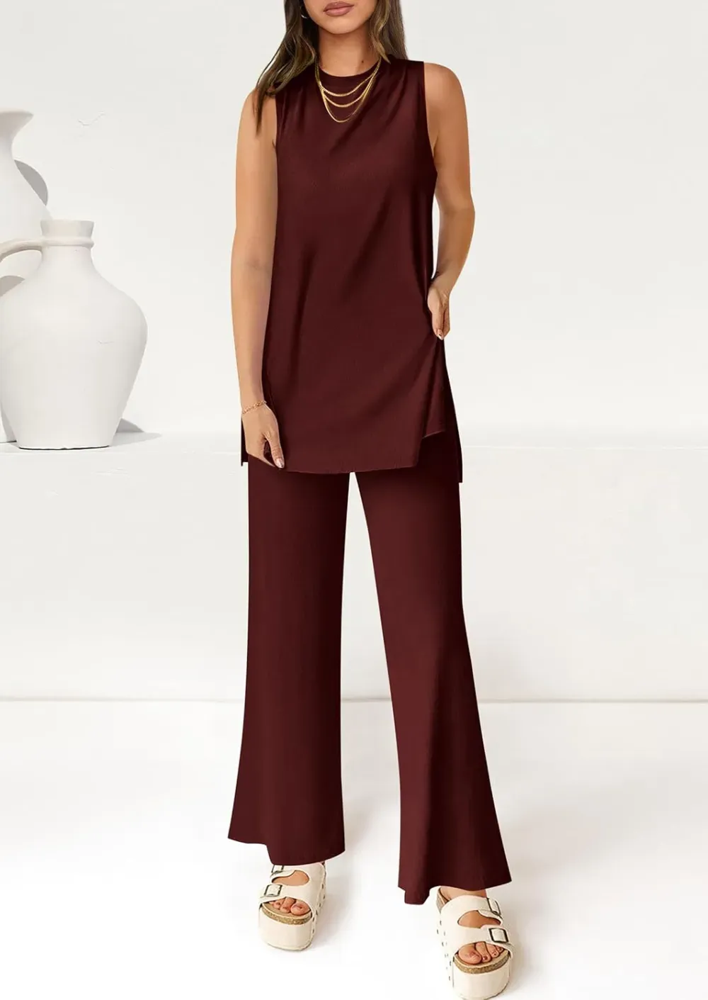 Women's Casual Loose Tank Top Wide Leg Pants 2 Piece Lounge Set