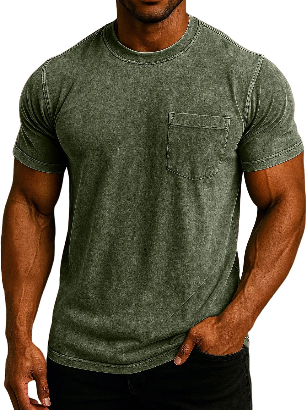 Men's Fashion Washed And Distressed Cotton Retro Pocket Casual T-shirt