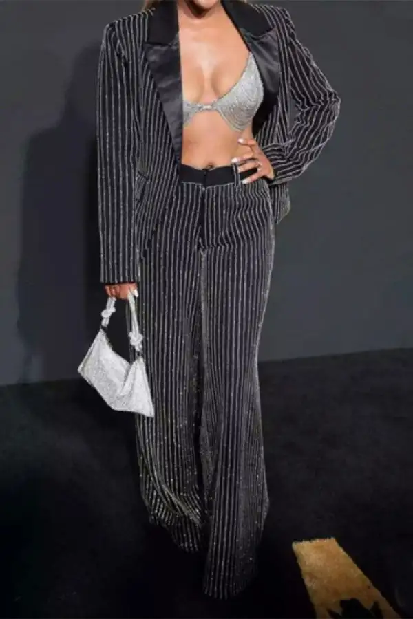 Striped Shimmery Peak Lapel Pant Suit