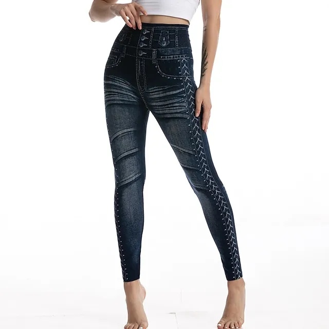 Women's Tights Pants Trousers Full Length Faux Denim Stretchy High Waist Fashion Casual Weekend Black Blue S M