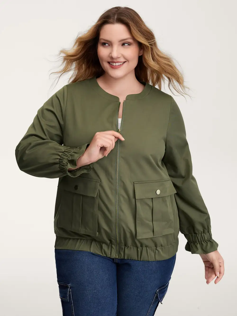 Lined Pockets Shirred Cuffs Zipper Jacket