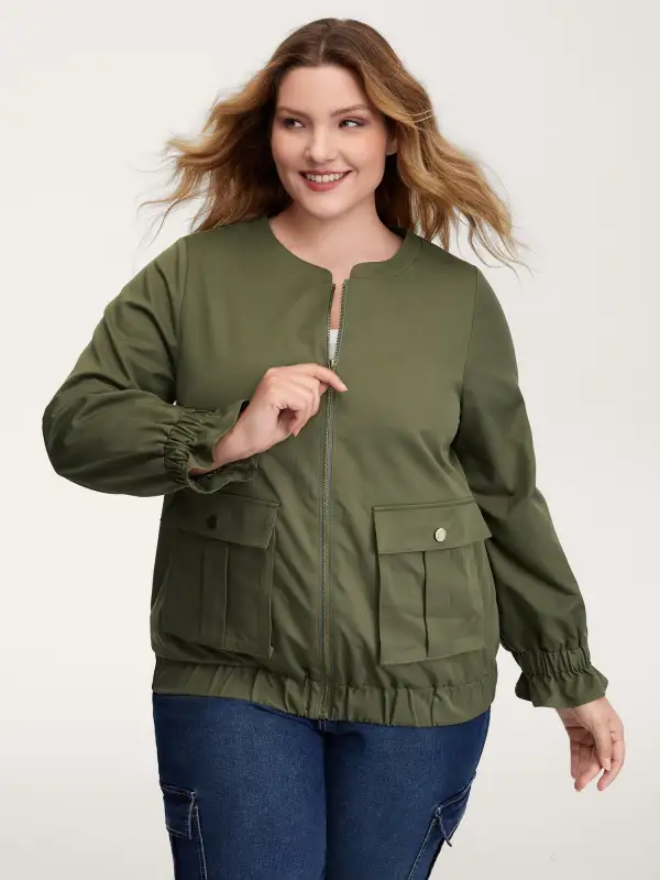 Lined Pockets Shirred Cuffs Zipper Jacket