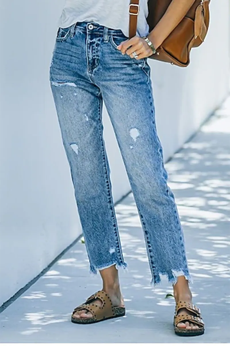 Ripped Raw Hem Zip Fly Jeans