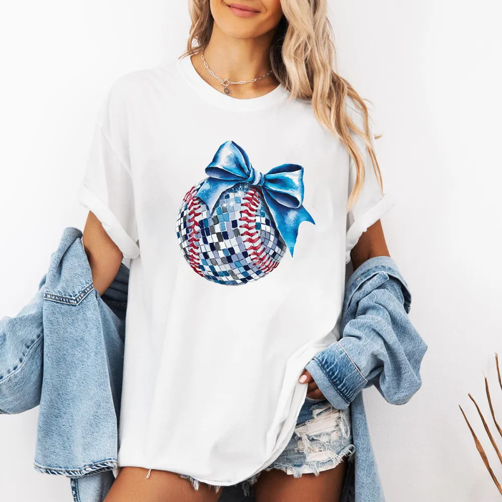 Sequined Baseball Bow Printed Round Neck Short Sleeve T-Shirt