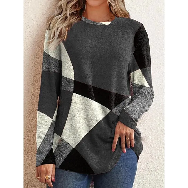 Women's T shirt Tee Red Blue Purple Geometic Color Block Office Basic Round Neck Fall Winter Fall & Winter