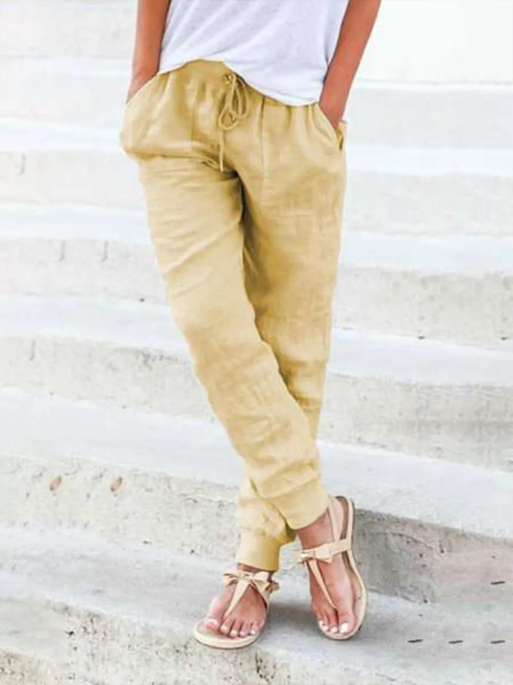 Women's Casual Pure Color Elastic Waist Pants