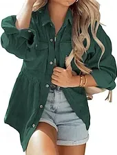Women's Shirt Jacket Shacket Comfortable Ruched Pocket Casual Plain Holiday Casual Daily Weekend Single Breasted Regular Turndown Regular Fit Long Sleeve Outerwear Red Green Fall Winter