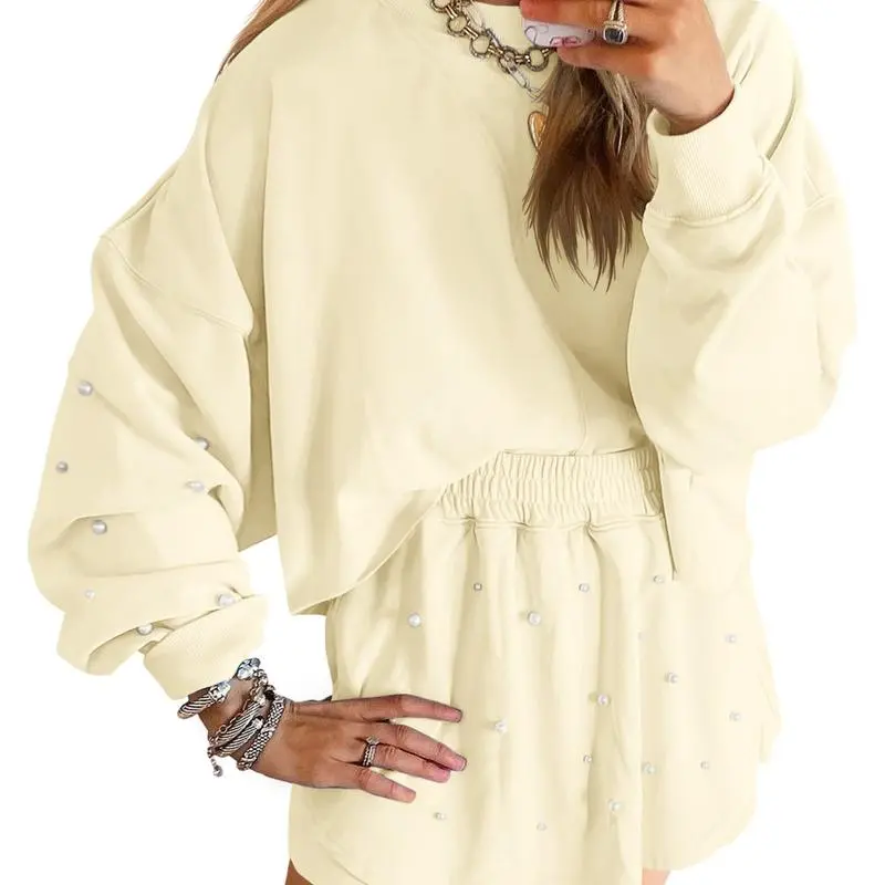 Women's Pearl-Decor Long Sleeve Sweatshirt & Loose Mini Skort 2-Piece Casual Fall Set.