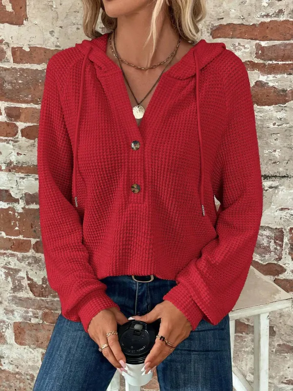 Half Button Raglan Sleeve Drawstring Hooded Sweatshirt