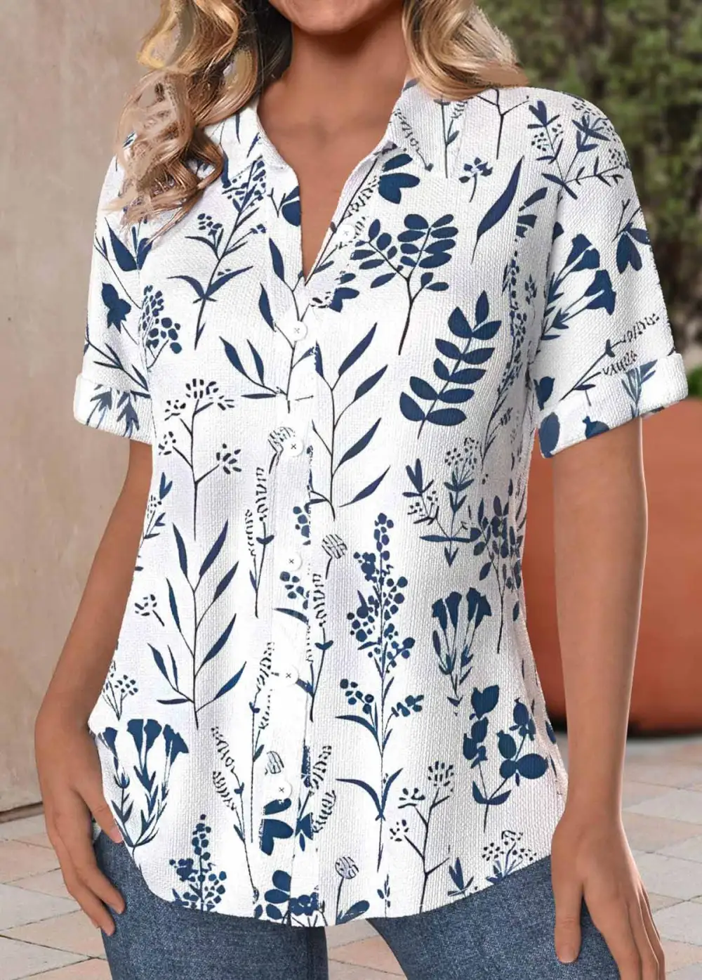 Plus Size Peacock Blue Textured Fabric Leaf Print Blouse