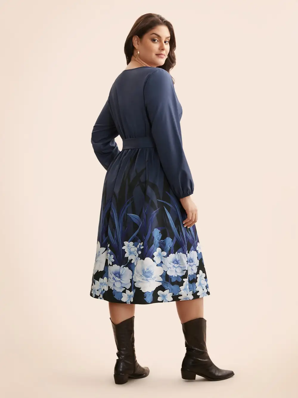 Boho Print Belted Lantern Sleeve Dress