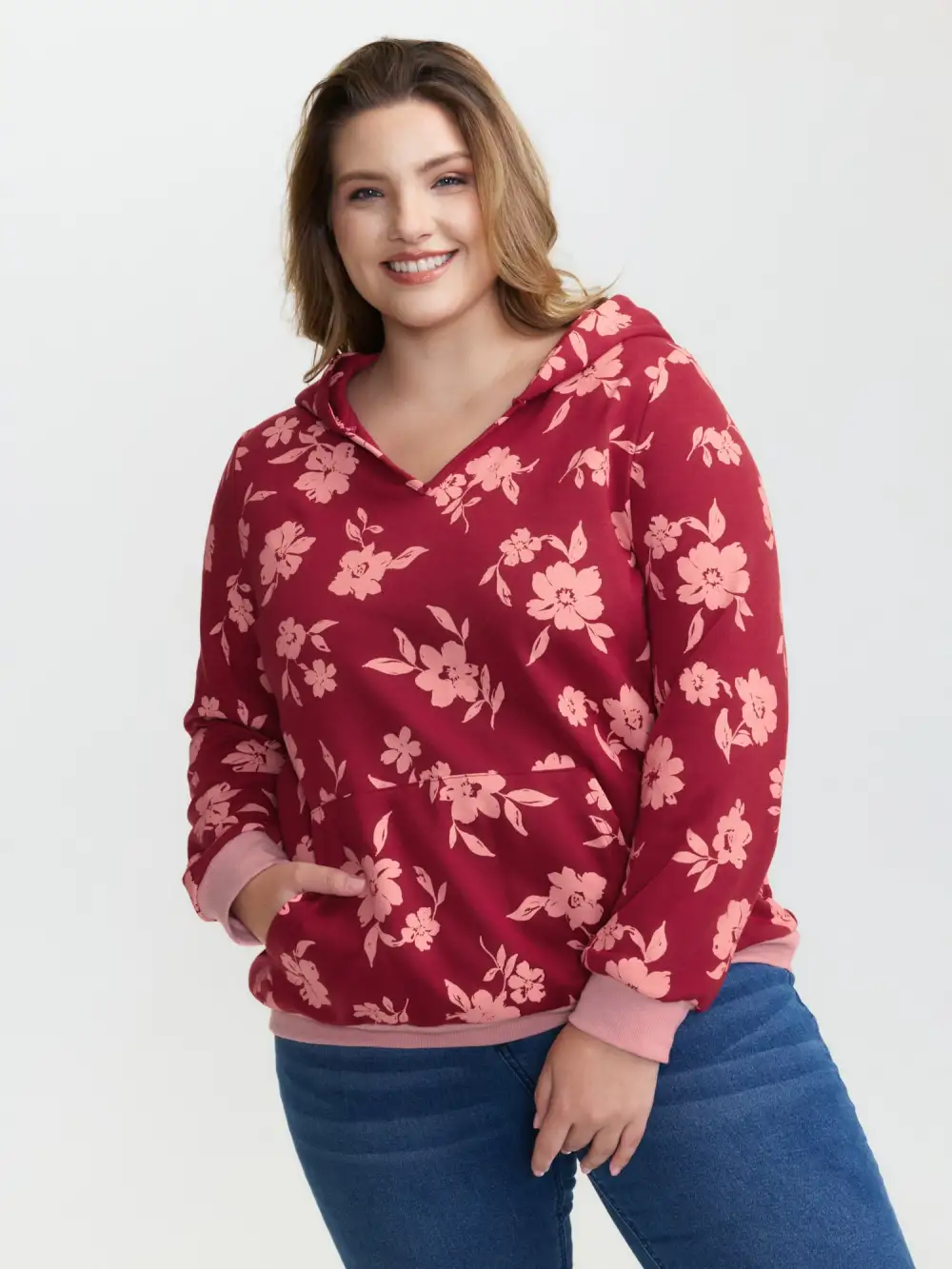 Floral Print Contrast Pockets Hoodie