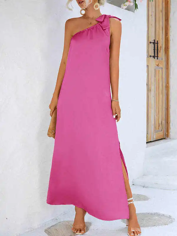 Loose Sleeveless Solid Color One-Shoulder Maxi Dresses