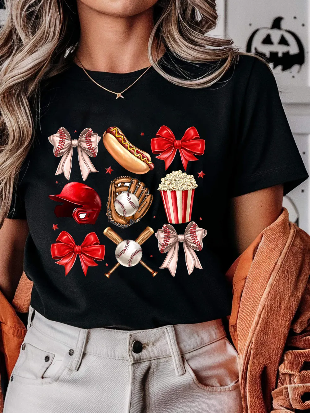 A Casual T-Shirt With A Red And Red And White Patterned Bow Tie, A Red Baseball Helmet, A Baseball Glove, A Baseball, Crossed Baseball Bats, A Hot Dog And A Popcorn Bucket.