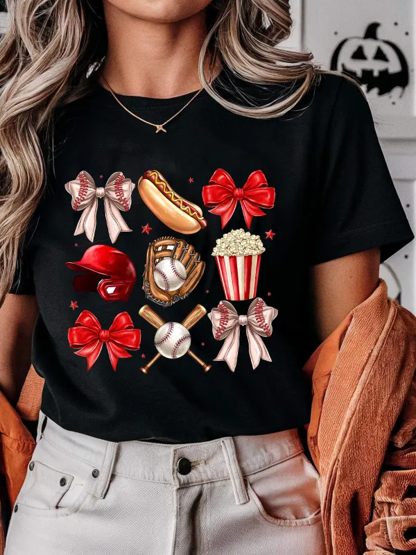 A Casual T-Shirt With A Red And Red And White Patterned Bow Tie, A Red Baseball Helmet, A Baseball Glove, A Baseball, Crossed Baseball Bats, A Hot Dog And A Popcorn Bucket.