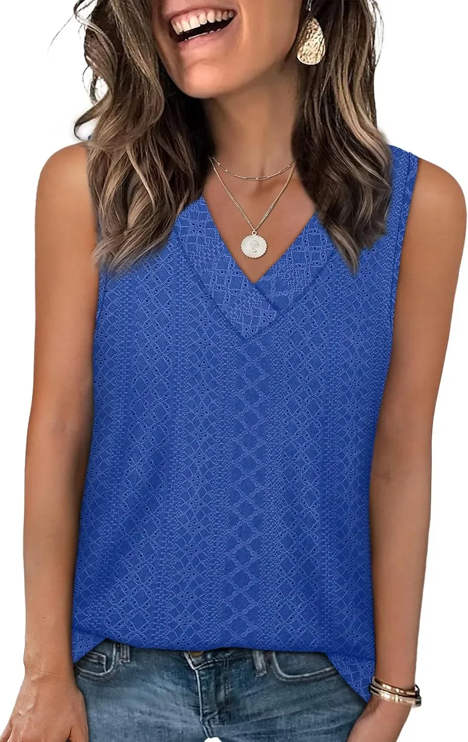 ✨Women Summer Outfits V Neck Tank Trendy Eyelet Sleeveless Basic T Shirts
