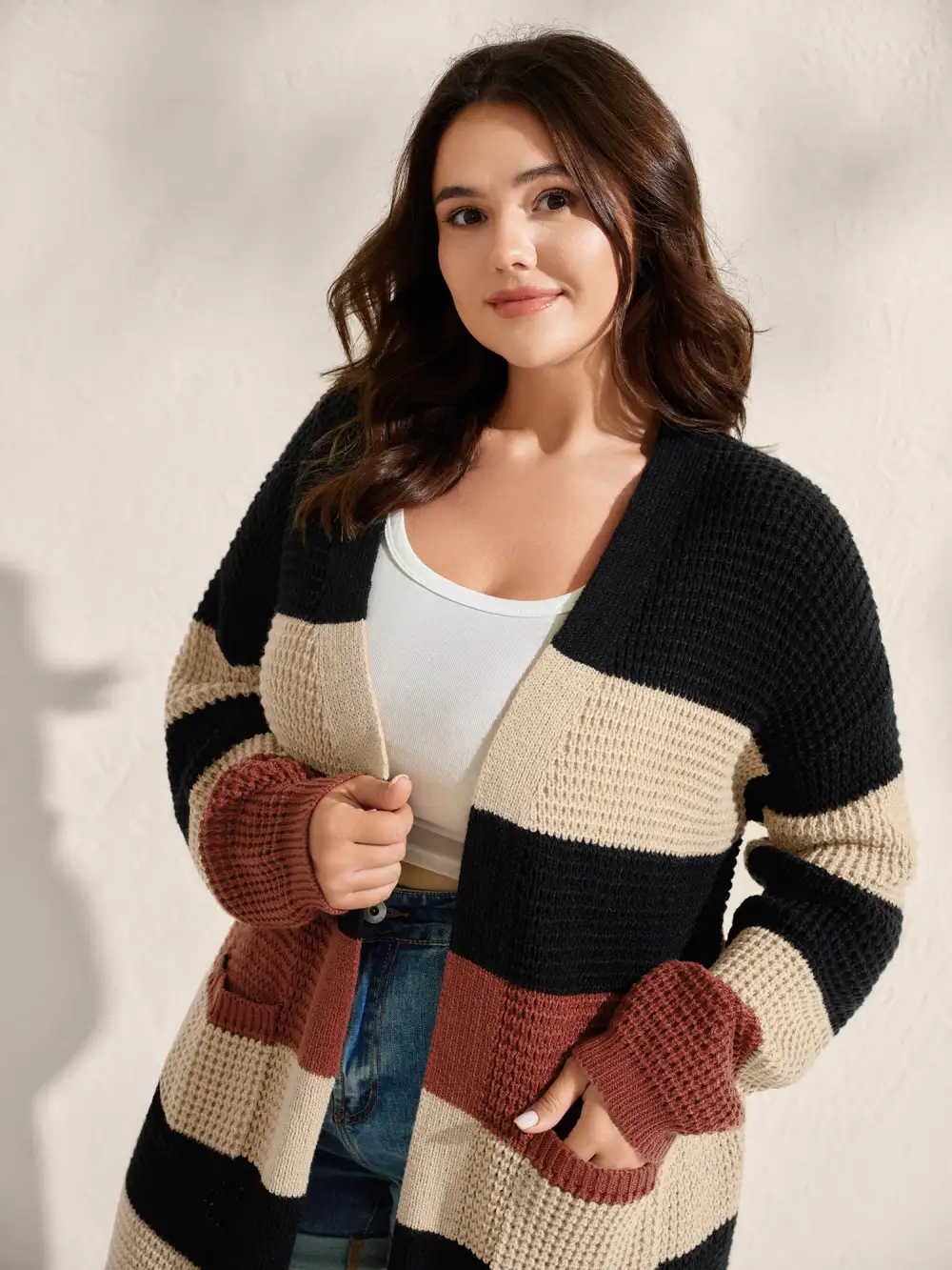 Color Block Textured Pockets Knit Cardigan