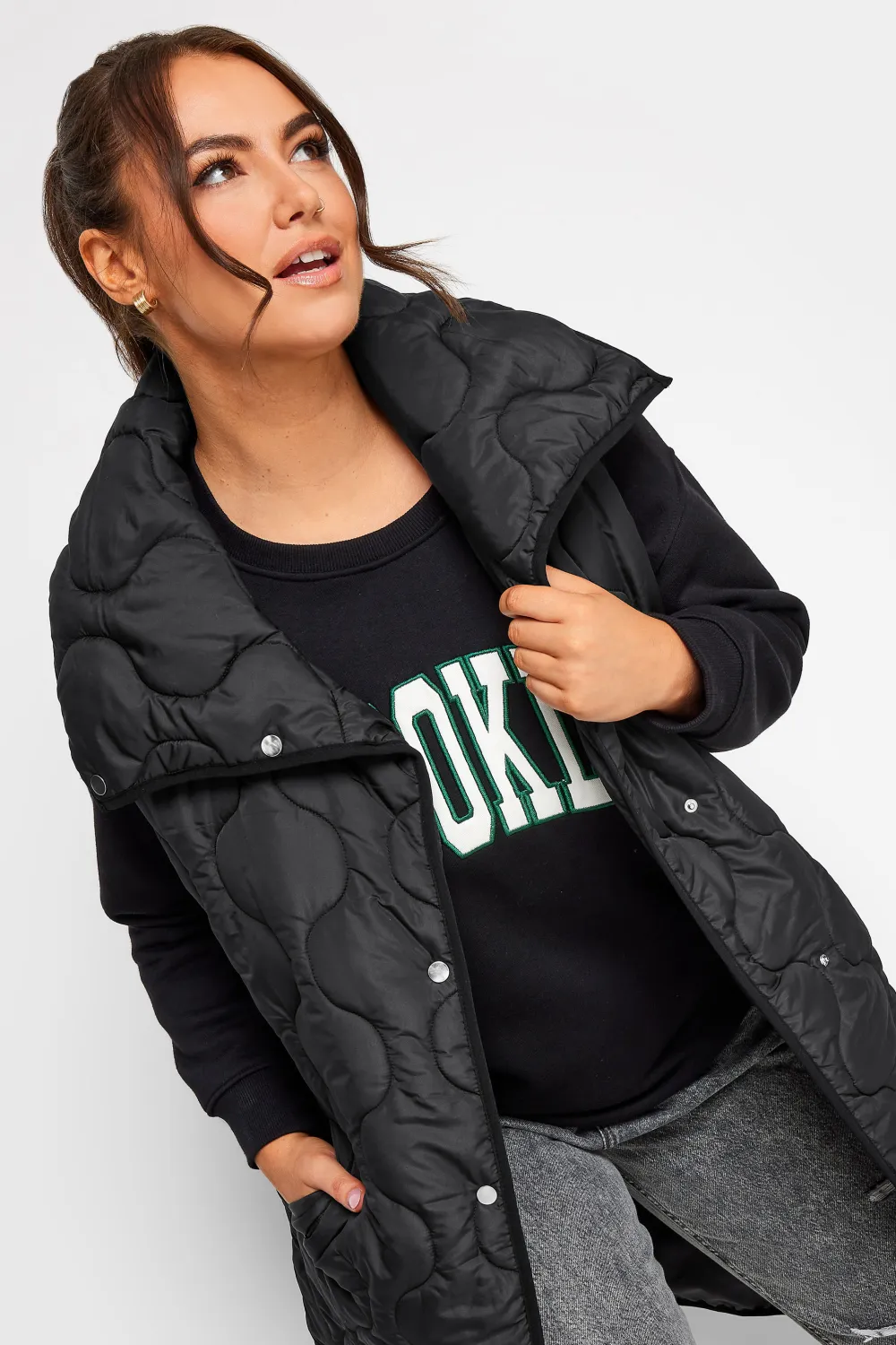 YOURS Curve Black Funnel Neck Quilted Longline Gilet