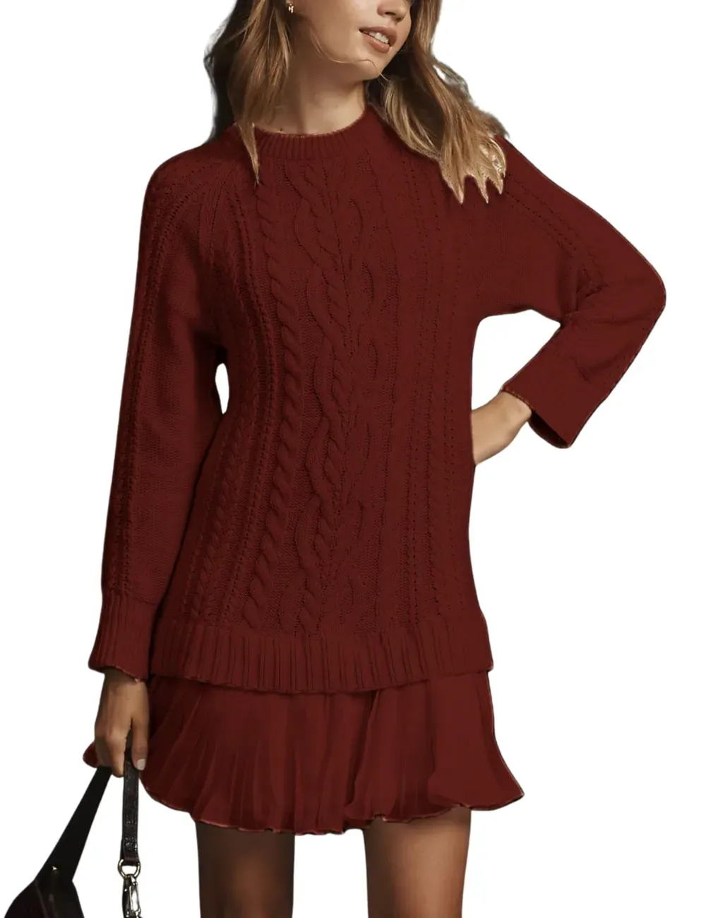 ✨Women Crewneck Cable Knit Sweater Mini Dress