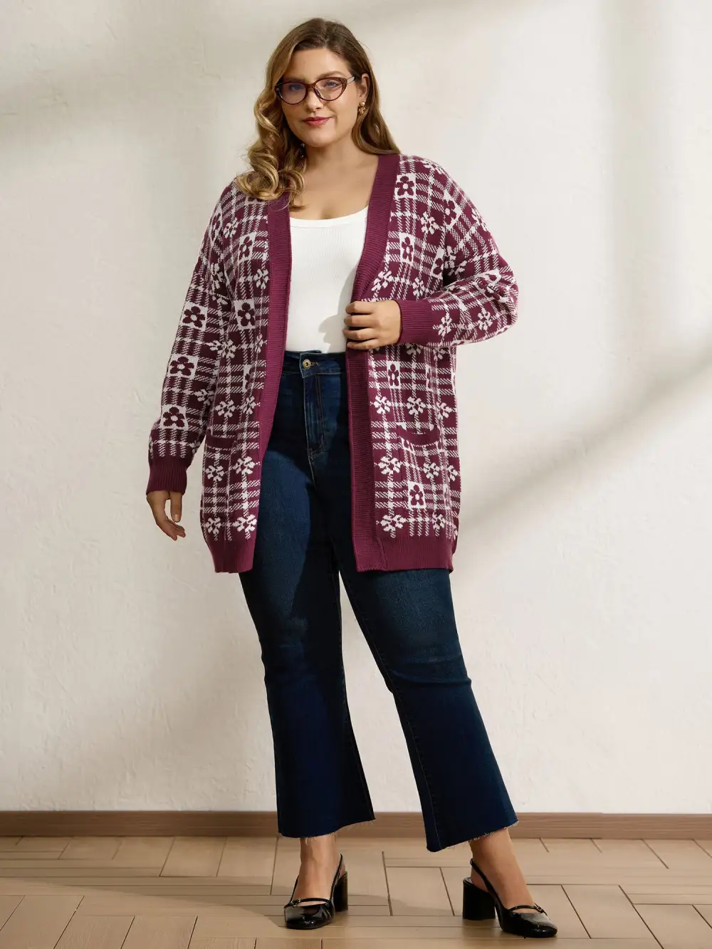 Supersoft Floral Checkered Pockets Knit Cardigan