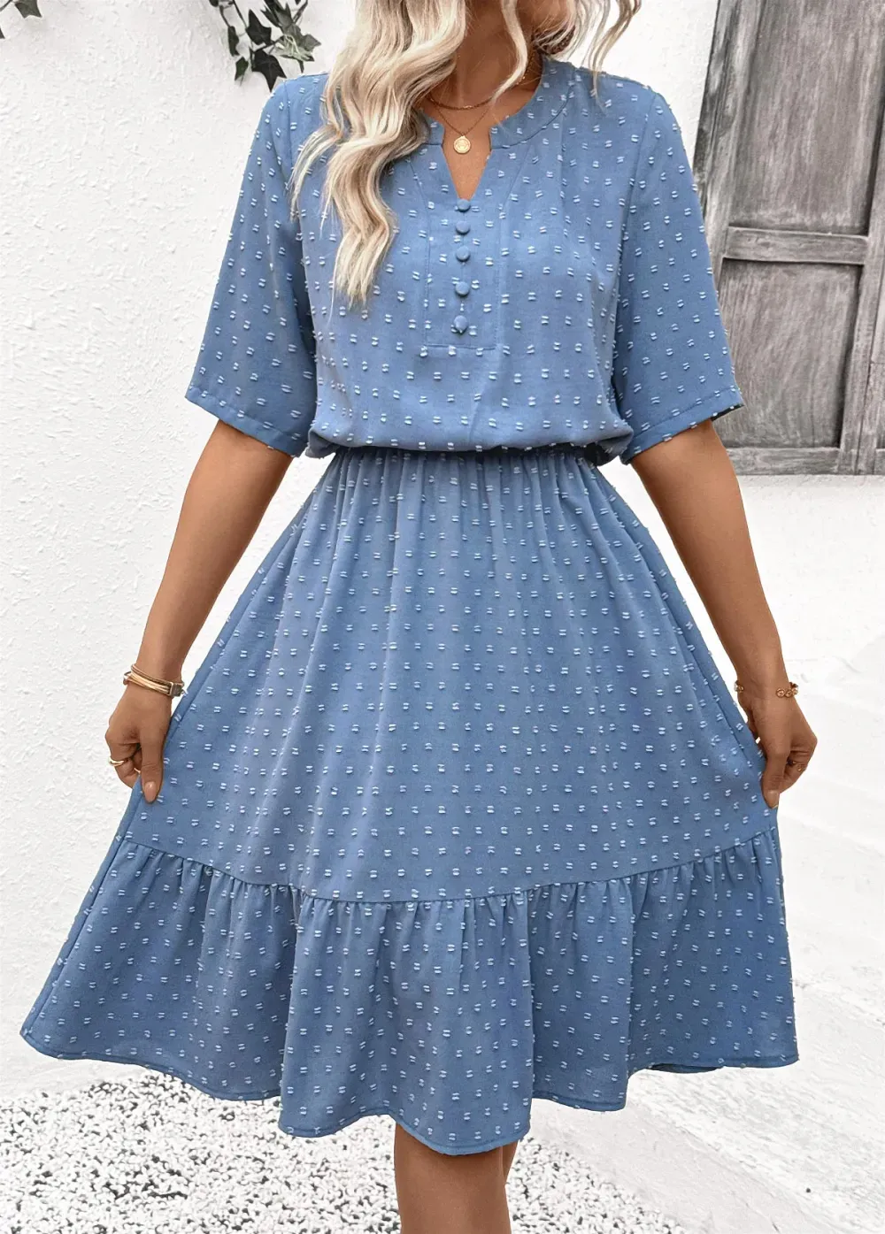 Dusty Blue Polka Dot Short Sleeve Split Neck Dress