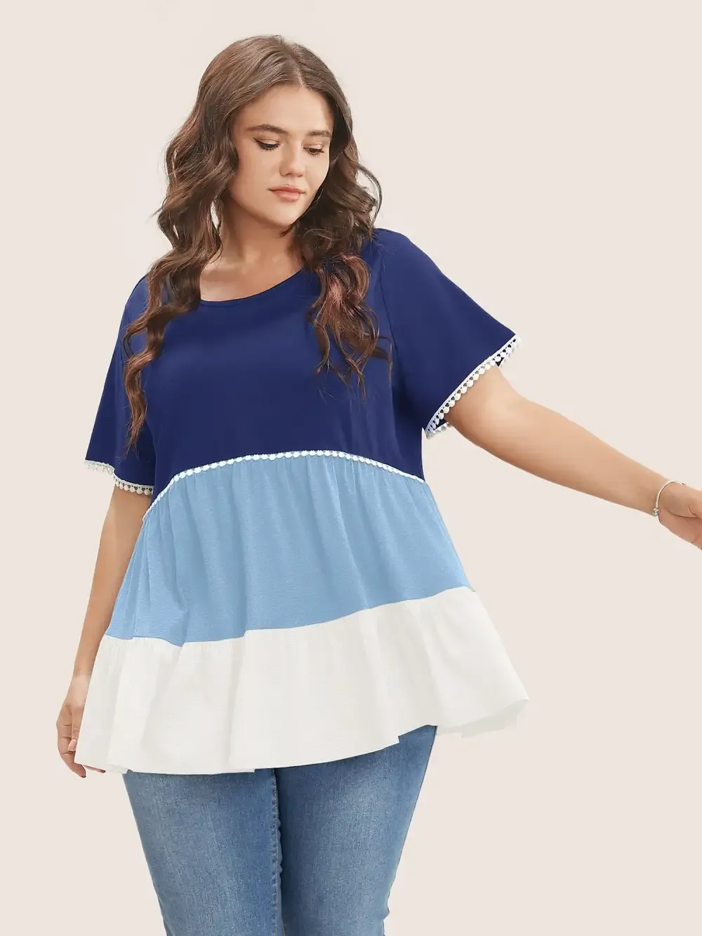 Colorblock Contrast Ruffle Tiered T-Shirt