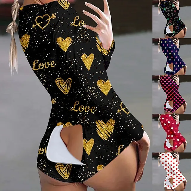 Women's Plus Size Pajamas Onesies Jumpsuits Nighty 1 PCS Heart Geometic Simple Fashion Comfort Home Bed Bamboo Warm Gift V Wire Long Sleeve Hole Print Fall Spring White Black