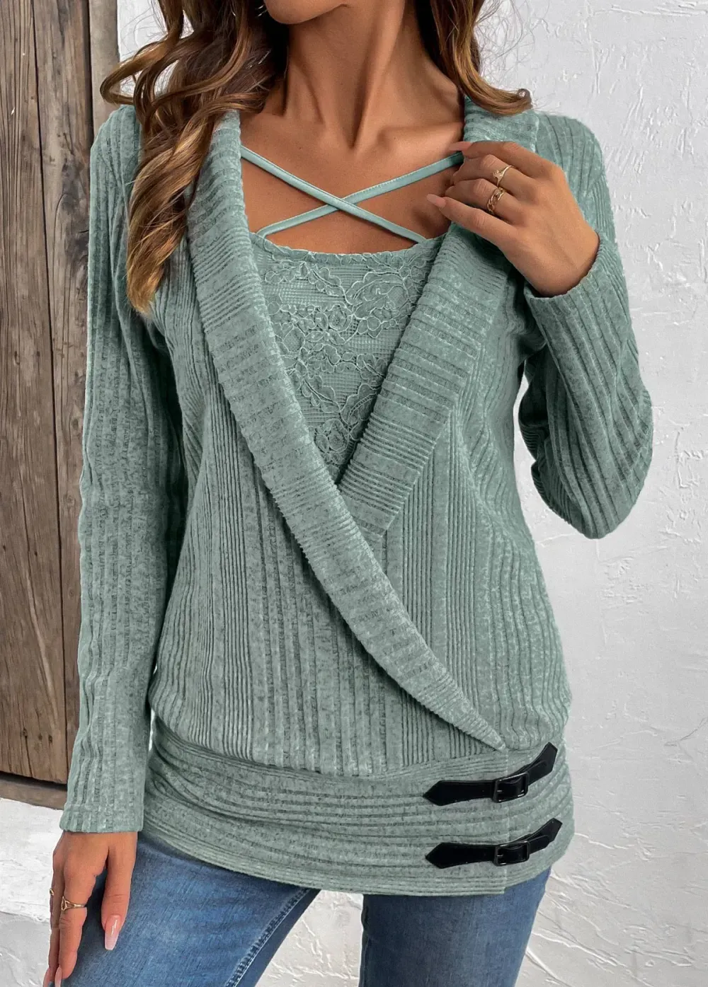 Green Surplice Long Sleeve Fake Two Piece Twinset