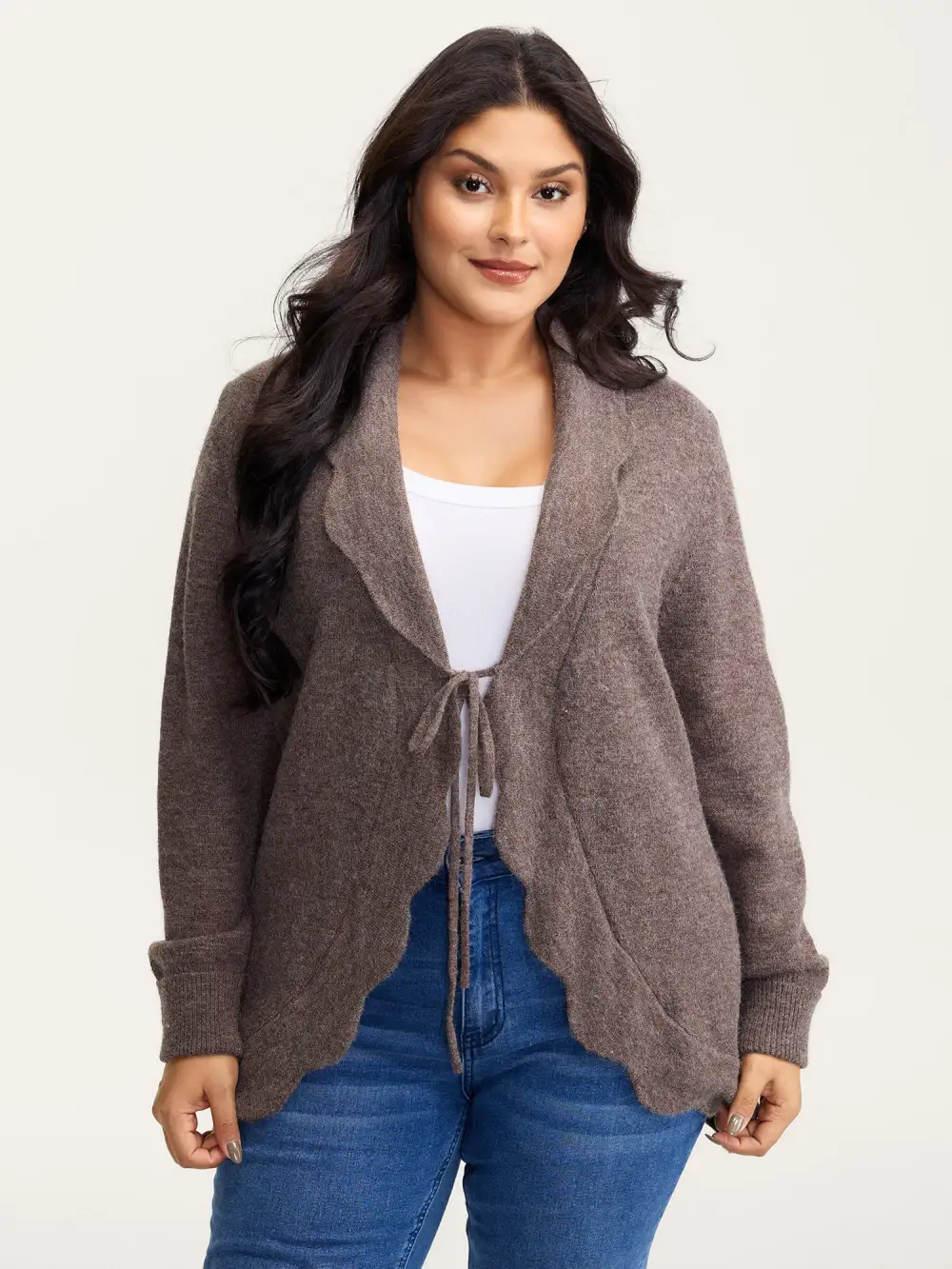Wavy Arc Hem Tie-Front Knit Cardigan