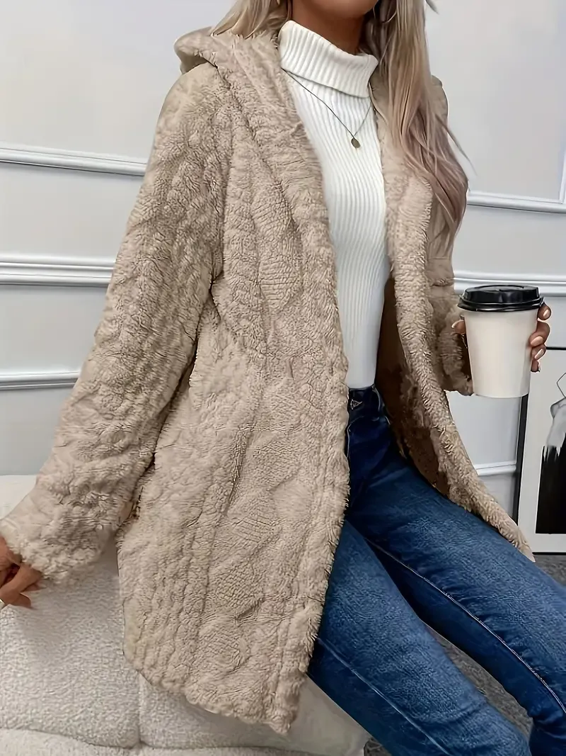 Luxurious Faux Fur Teddy Coat - Elegant Long Sleeve Split Side Hooded Outwear for Women - Soft, Warm, and Chic Winter Clothing