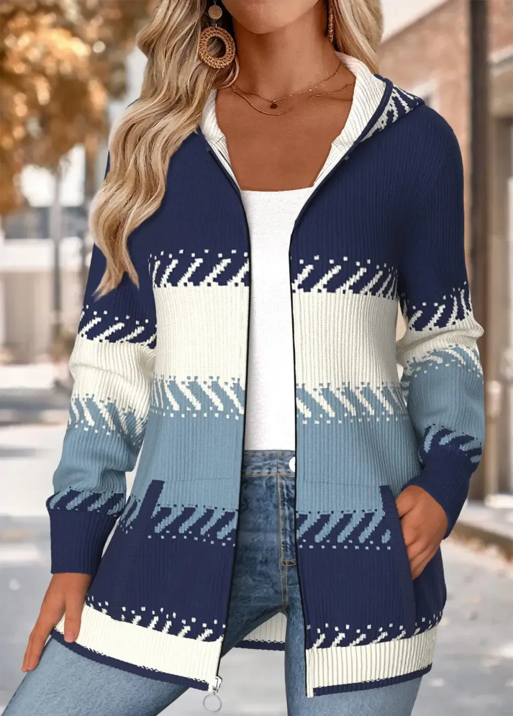 Multi Color Tummy Coverage Striped Long Sleeve Hooded Coat