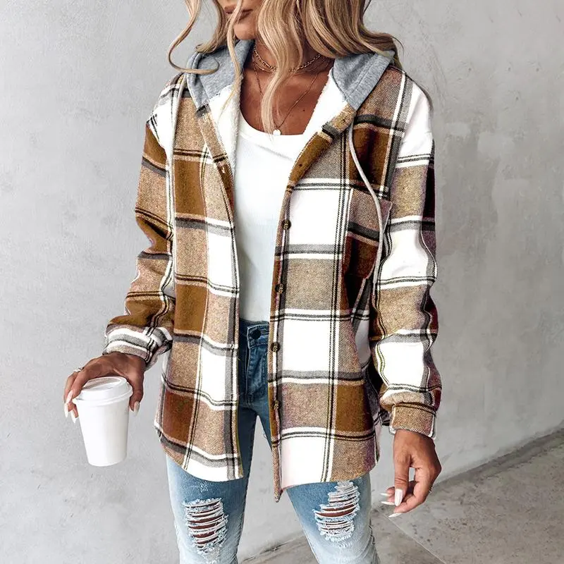 Women’s Plaid Hooded Shacket – Fleece-Lined Winter Jacket