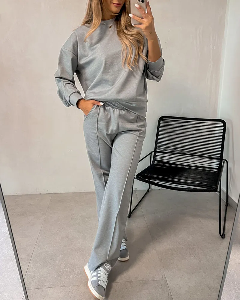 Chic Cuff Solid Color Casual Two-Piece Set